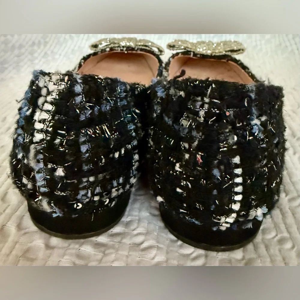 J Crew Women's Poppy Ballet Flats Tweed Glitter Bow Ocean Black Shoes SZ 7